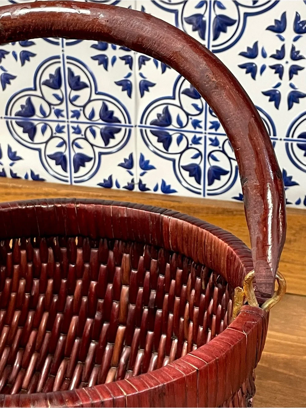 Vintage Chinese Lacquered Woven Harvest Basket Wooden Handle Asian Rustic Decor